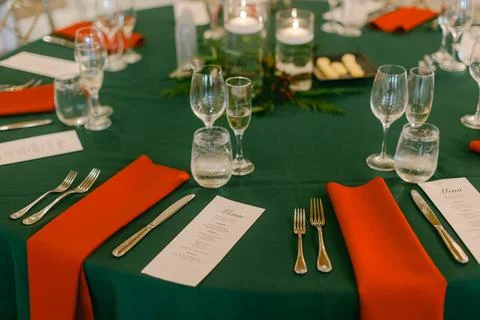 Elegant dining setup with festive decor and meticulous table arrangement for a Stock Photos