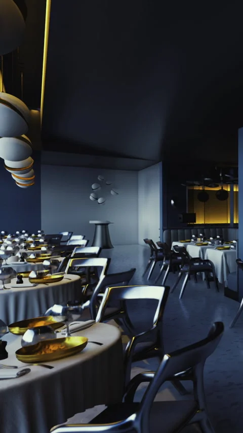 Elegant dining setup at a modern restaurant during evening hours Vídeos de archivo 334175427