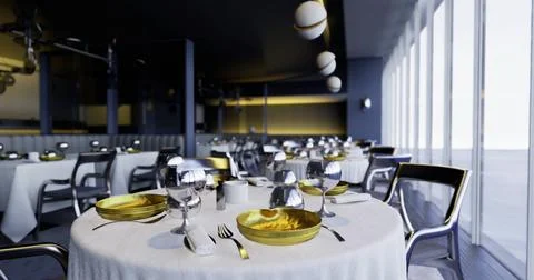 Elegant dining setup in a modern restaurant overlooking the city skyline Stock Illustration