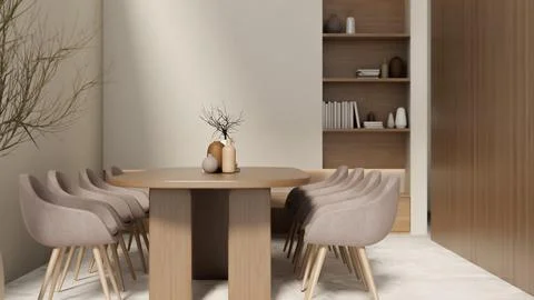 Elegant dining table with beige chairs and wooden bookshelf. Stock Illustration