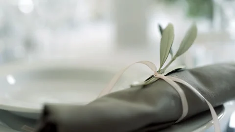 Elegant dining table setting with olive branch napkin Stock Footage 336469598