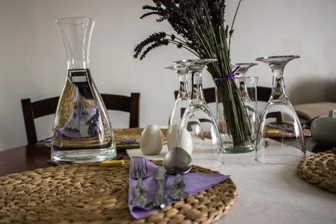 Elegant dining table setting at Provence style in a modern house Stock Photos