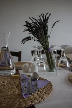Elegant dining table setting at Provence style in a modern house Stock Photos
