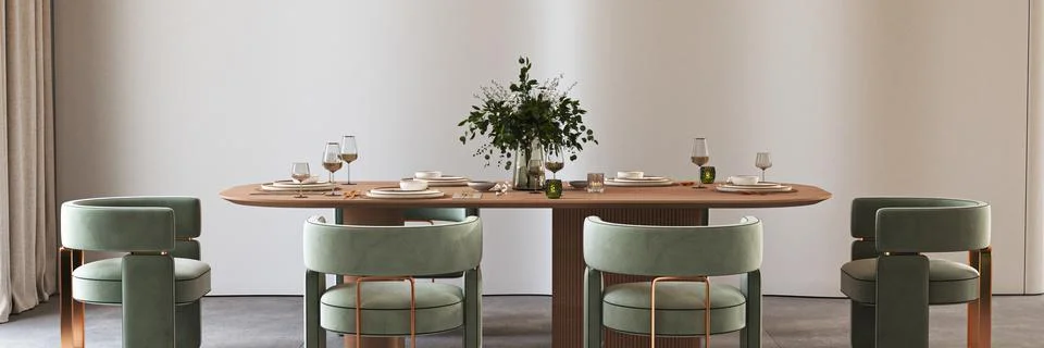 Elegant Dining Table Setup Featuring Green Chairs Complemented by a Beautiful Illustrazione stock
