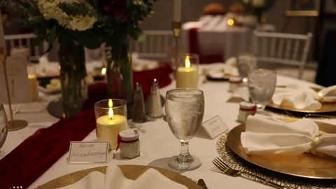 Elegant dinner table set for a formal celebration Stock Footage 337659307