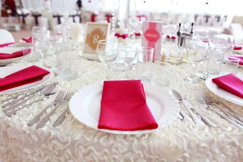 Elegant dinner table at wedding reception Stock Photos