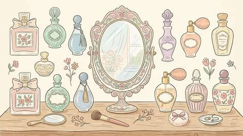 Elegant dressing table with vintage perfume bottles mirror and cosmetic acc.. Иллюстрация
