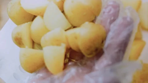Elegant dynamic preparation: boiling small potatoes for salad Stock Footage 342197547