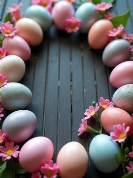 Elegant Easter Background Featuring Pastel Colored Eggs and Small Pink Flowers Stock Photos