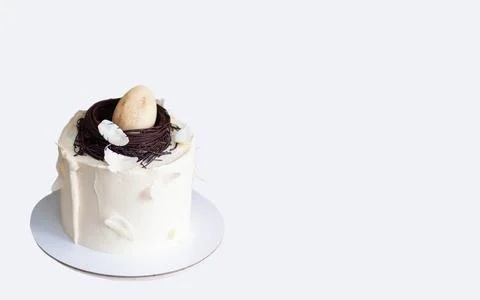 Elegant easter cake decorated with chocolate bird's nest, egg and feathers... Stock Photos