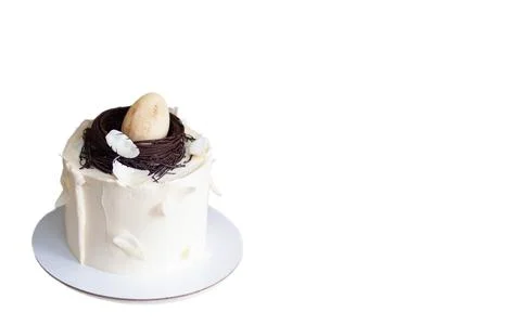 Elegant easter cake decorated with chocolate bird's nest, egg and feathers. W Stock Photos
