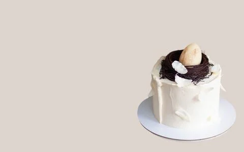 Elegant easter cake decorated with chocolate bird's nest, egg and feathers... Stock Photos