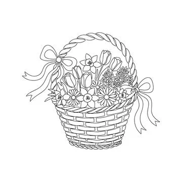 Elegant Easter Flower Basket With Spring Blooms Detailed Line Art Stock Illustration