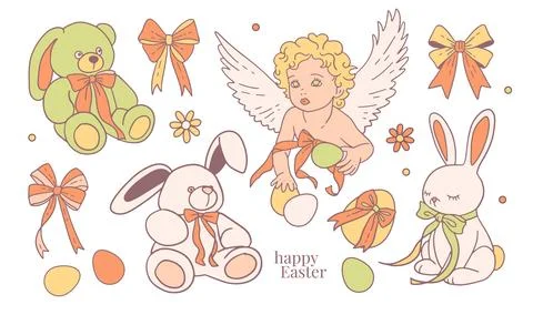 Elegant Easter set with painted eggs, rabbits, angel, flowers with bows. Easter イラスト素材
