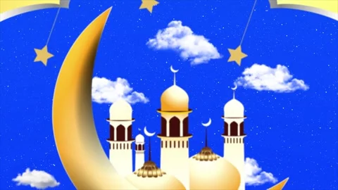 Elegant Eid Mubarak Greeting Background with Crescent Moon, Mosque and Star.. Stock Footage 335067569