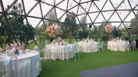 Elegant Empty Dome Greenhouse Set for Wedding Reception with Floral Decor Stock Footage 345233674