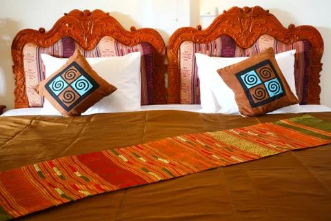 Elegant empty hotel bed Stock Photos