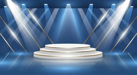 Elegant empty white podium with gold trim on a blue studio background. spot.. Stock Illustration