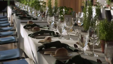 Elegant Event Setup, Sophisticated Indoor Banquet Arrangement, Chic Dinner Scene Video stock 323776830