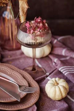 Elegant fall dining setup with rustic tableware and pumpkins Stock Photos