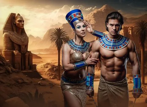 Elegant female pharaoh and topless man in ancient egypt Stock Photos