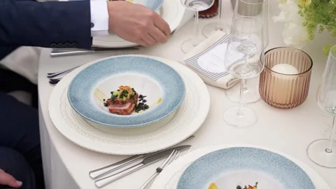 Elegant Fine Dining Table Service at Upscale Event with Gourmet Cuisine Stock Footage 338166524