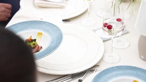 Elegant Fine Dining Table Setting With Gourmet Dish and Guest Interaction Stock Footage 339044683