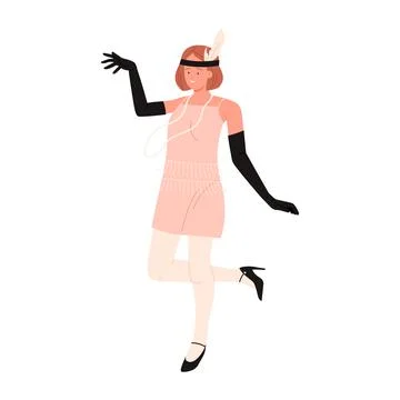 An Elegant Flapper Dancer Dressed in a Gorgeous Pink Dress, Complete with Illustrazione stock