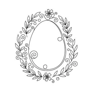 Elegant Floral Easter Egg Wreath Line Art Vector Stock Illustration