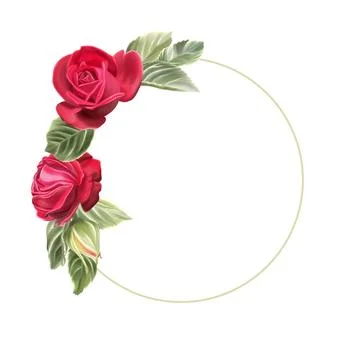 An elegant floral frame featuring two red roses and green leaves painted in w Stock Illustration