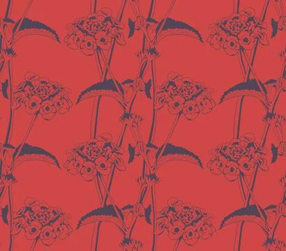 Elegant floral pattern in deep red and navy. Intricate line art depicts blo.. Stock Illustration