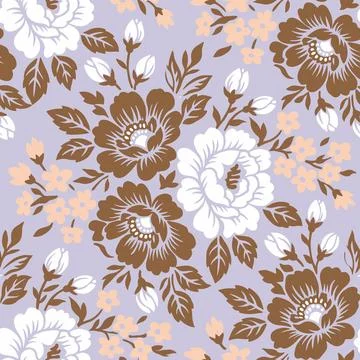 Elegant Floral Pattern with White and Brown Flowers on a Light Purple Backg.. Stock Illustration