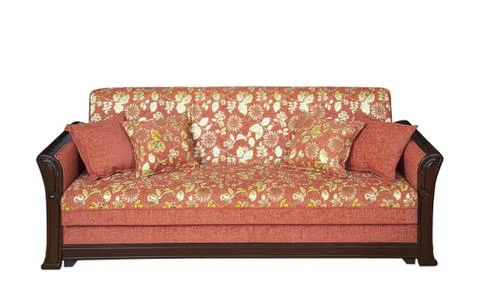Elegant floral patterned sofa with dark wood frame Stock Photos