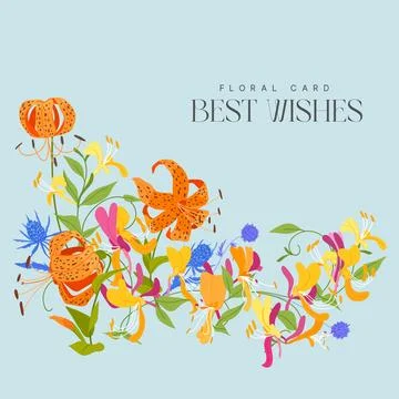 Elegant flower card vector featuring tiger lilies, honeysuckles Stock Illustration