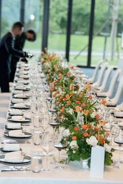 Elegant formal dining table prepared for a luxury event or wedding reception, Stock Photos