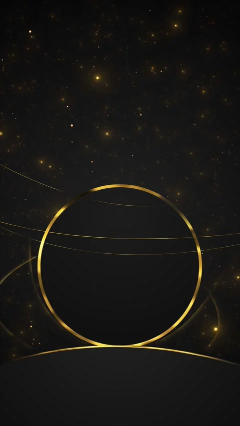 Elegant gold orbit frame dark circular center, smooth curved rings, subtle glitt Stock-Footage 340472666
