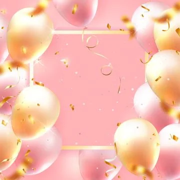 Happy Birthday Ribbon With Golden Balloons Background Stock