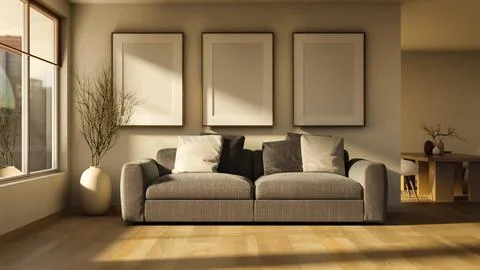 Elegant grey sofa with three blank mockup frames on wall. Stock Illustration