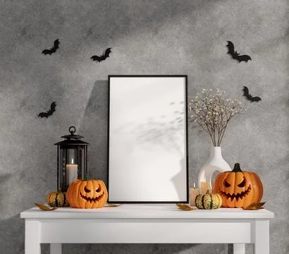 Elegant Halloween Table Decor with Jack-O-Lanterns and Bats 3D Render Stock Illustration