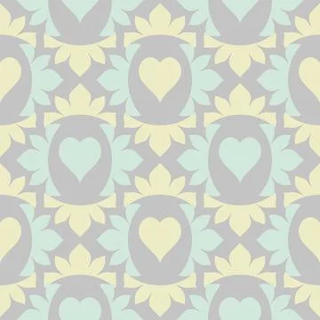 Elegant Hearts Vector Repeat Pattern In Mint Green And Lemon On Grey Stock Illustration