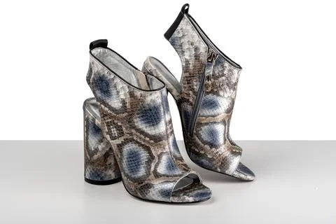 Elegant high heel python snake skin woman shoes isolated on white background. Stock Photos