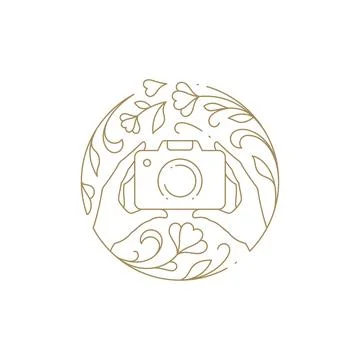 Elegant human hands holding camera photo shooting blossom botanical circle fr Stock Illustration