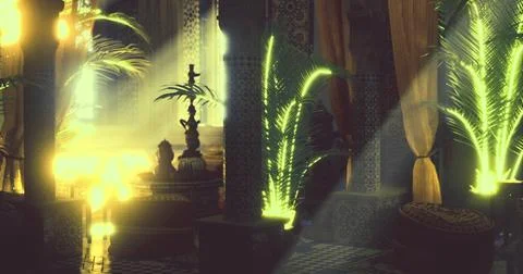 Elegant interior space featuring lush plants and dramatic lighting effects Stock Illustration
