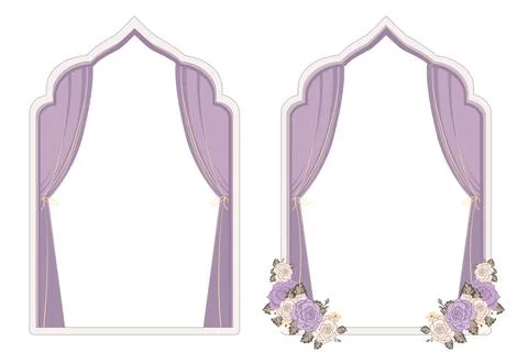Elegant Islamic arch frames with purple curtains and roses Stock Illustration