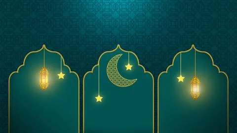 Elegant Islamic design featuring glowing lanterns, hanging stars, and a dec.. Foto stock