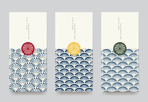 Elegant Japanese Pattern Packaging Set  Seigaiha Wave &amp; Fan Motif Stock Illustration