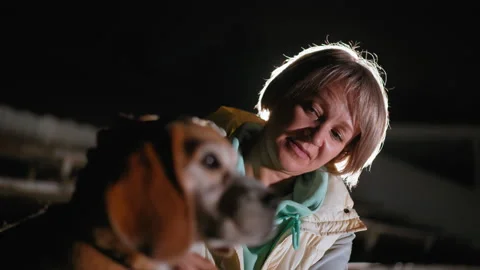 Elegant lady showing affection by touching ears of pet dog at night Stock Footage 306488754
