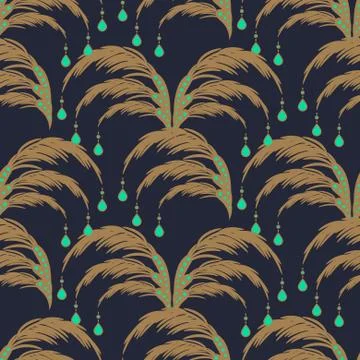 Elegant leaves seamless vector pattern. Palm leaf with gem drops pendants 스톡 일러스트