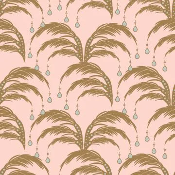 Elegant leaves seamless vector pattern. Palm leaf with gem drops pendants Stock Illustration
