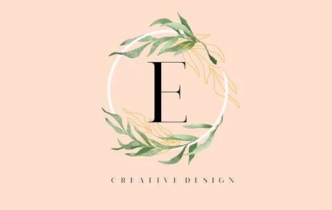 Elegant Letter E Logo Design With Waterbrush leafs and Simple Elegant Serif L Stock Illustration